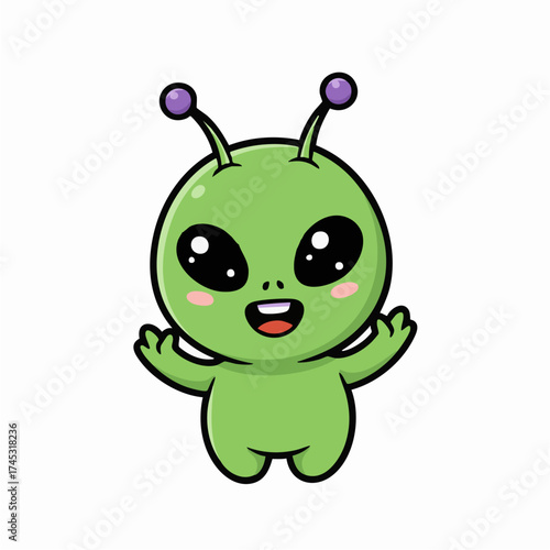 Cute little green alien cartoon character waving its hands and smiling happily
