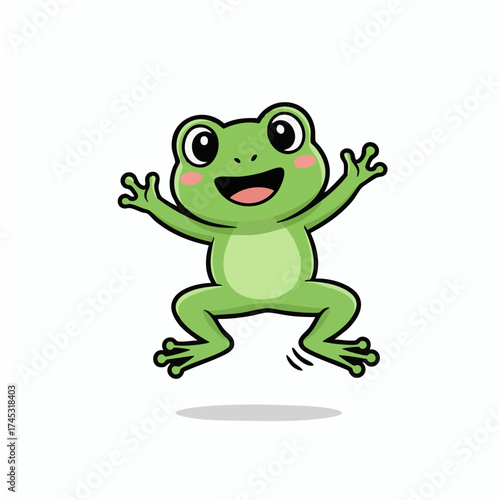 Cute green cartoon frog jumping with a joyful expression. Happy amphibian character vector