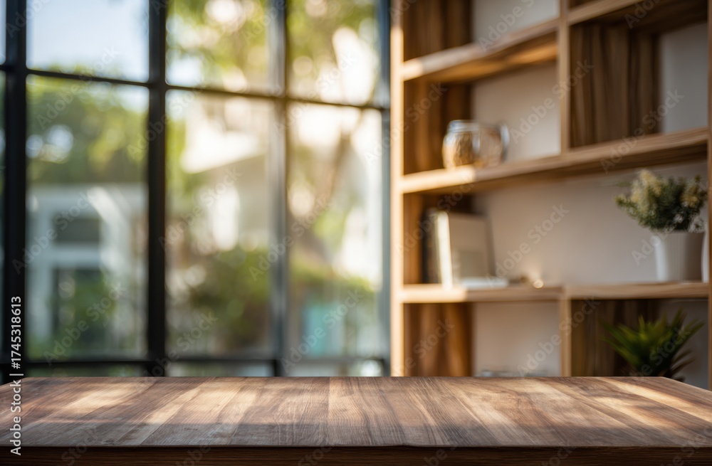 Fototapeta premium Modern interior space with wooden shelves and large window overlooking nature
