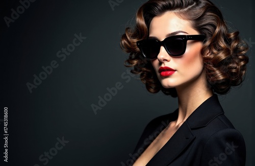 Wallpaper Mural Woman with vintage hairstyle and sunglasses posing confidently in a dark studio setting Torontodigital.ca