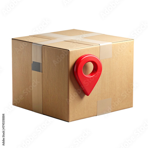 Cardboard Shipping Box with Red GPS Pin, Isolated on Transparent Background