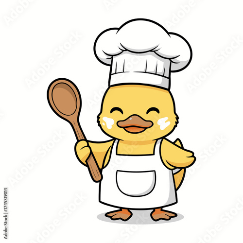 Joyful cartoon duckling chef character wielding a wooden spoon, a cute mascot for a food brand