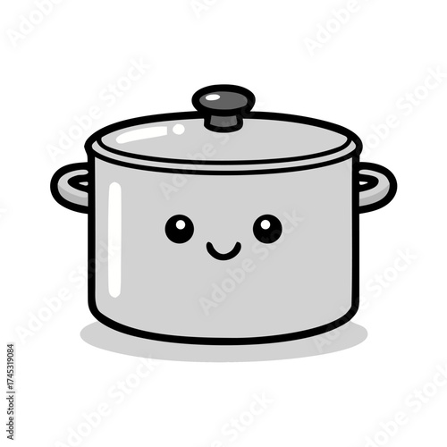 A charming and cute cartoon cooking pot with a smiling face, an adorable kawaii kitchenware character