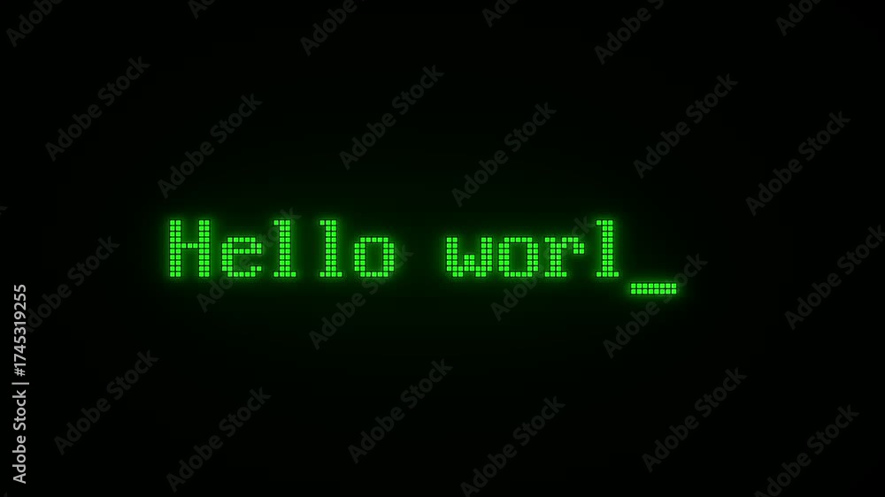 grüne Bildschirmausschrift zeigt den Text: hello world!