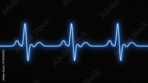 A bright blue neon electrocardiogram ecg heartbeat line glowing on a black background, representing life and health