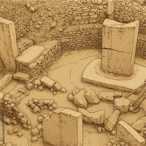 vector illustration of the ancient archaeological site Göbekli Tepe in Turkey, showing circular stone walls and massive T-shaped pillars made of sandstone. The scene captures realistic textures, warm 