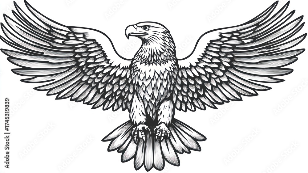 Obraz premium Majestic eagle soars, wings outstretched, detailed feathers in grayscale illustration