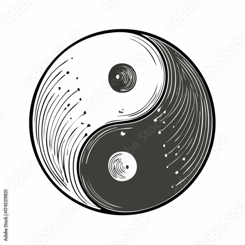 Yin and yang symbol illustration, showing balance and harmony with swirling shapes and contrasting black and white colors.