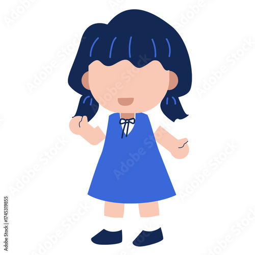 Illustration of a smiling cartoon girl in a blue dress and pigtails