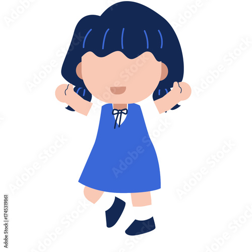 Cartoon schoolgirl in blue uniform standing with outstretched arms