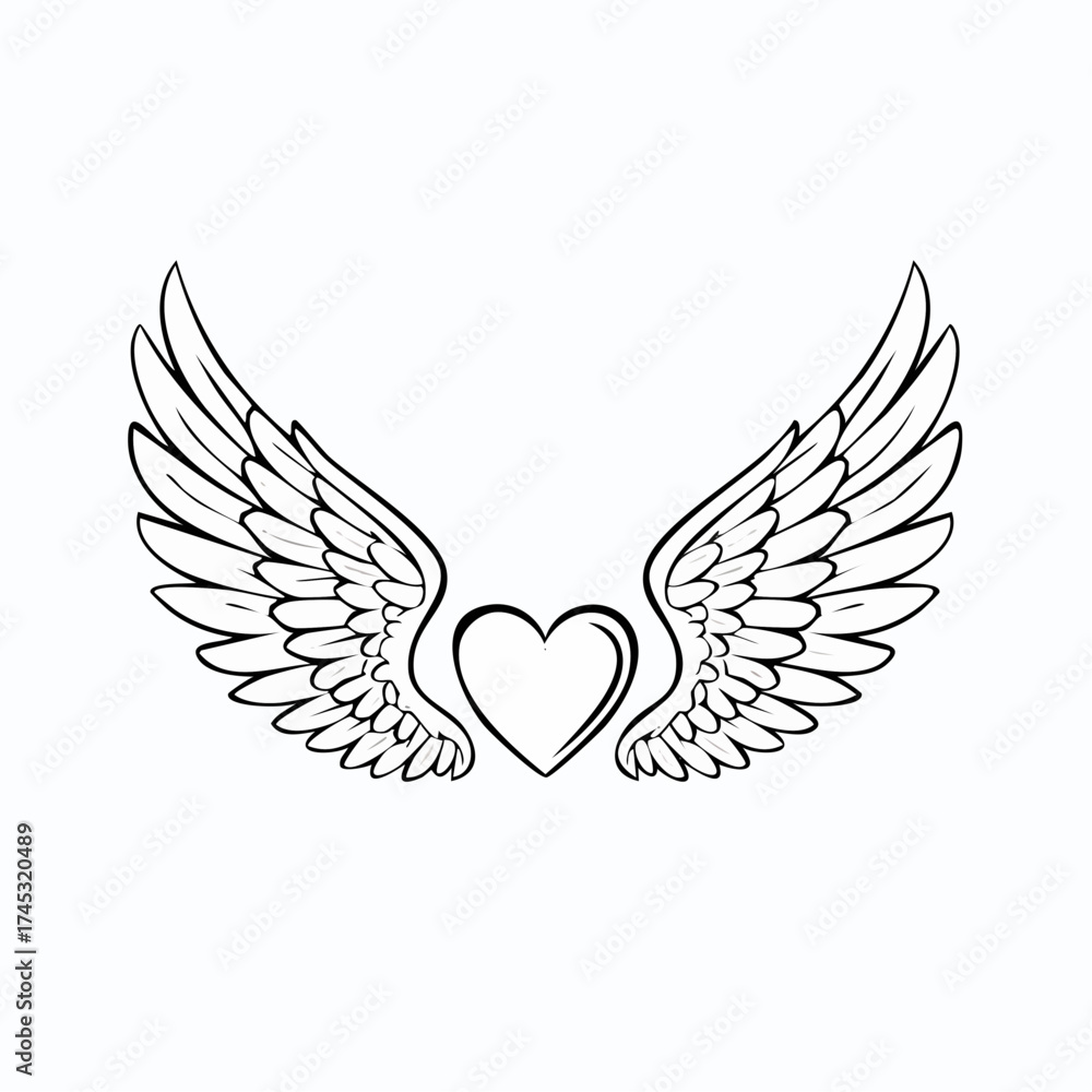 Fototapeta premium Heart with wings illustration, black and white drawing. Angelic love symbol, simple design.