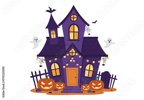 Adorable Purple Haunted House with String Lights and Jack-o'-lanterns in the Front Yard 