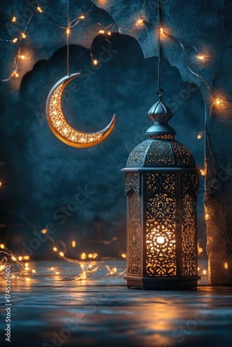 Islamic festive background with oriental lanterns. Elegant glowing lamps and crescent moon in traditional Arabic style, perfect for Ramadan and Eid designs. Muslim's background.