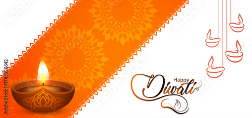 Happy Diwali Festival Celebration Background with Glowing Diya Lamps, Decorative Rangoli Pattern, Bright Orange Festive Design, and Vibrant Indian Holiday Greeting Card Artwork