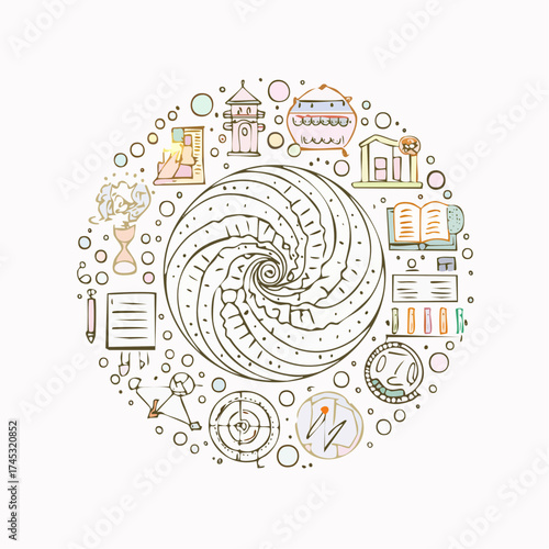 Circular illustration with a spiral center, surrounded by icons representing various fields of study and knowledge.