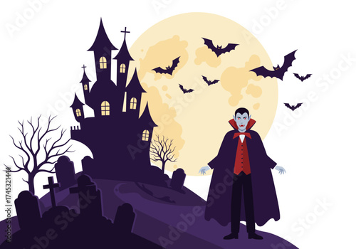 | Pale Vampire Figure in a Purple Cape Standing in Front of a Ghostly Castle on a Full Moon Night 
