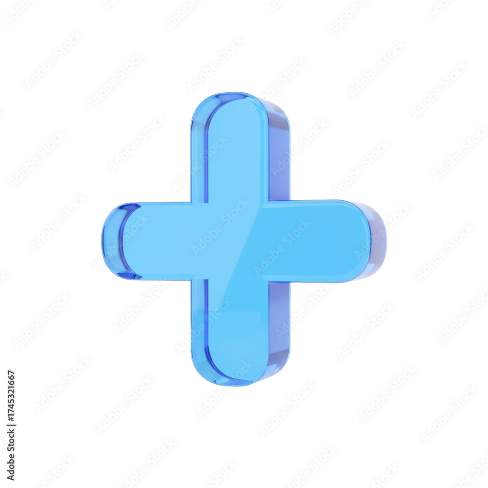 Fototapeta premium Translucent cyan plus sign floating against a stark expanse offers a minimalist conceptual