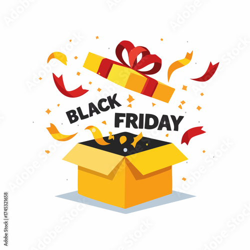 A yellow gift box opens, revealing "Black Friday" text and celebratory confetti.