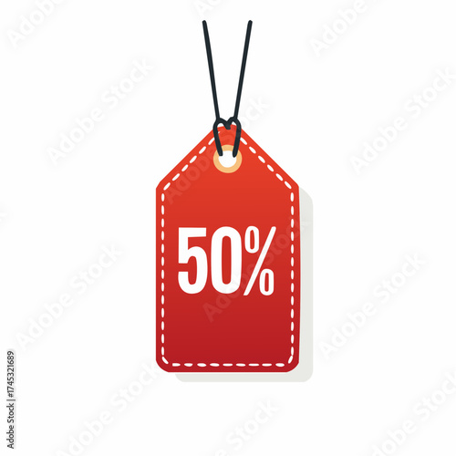 A red price tag shows a fifty percent discount, hanging against a white background.