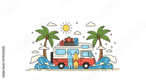 A retro camper van packed for an exciting beach holiday with surfboards and palm trees.