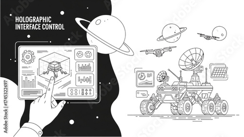 Continuous Line Art of Futuristic Space Rover on Alien Planet and Holographic Interface Control, Minimalist Sci-Fi Technology Illustration
