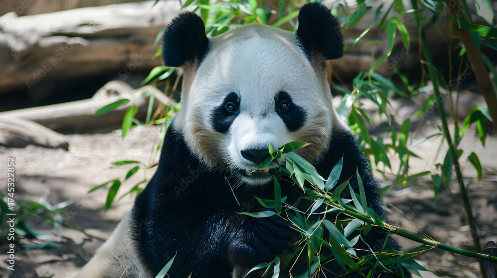 Fototapeta premium Giant Pandas Feeding in Bamboo Forest: Black-and-White Bears Chewing Fresh Bamboo Shoots, Tender Leaves & Stalks—Lazy, Cute Foraging Behavior in Dense Bamboo Groves of Sichuan/Wolong National Nature R