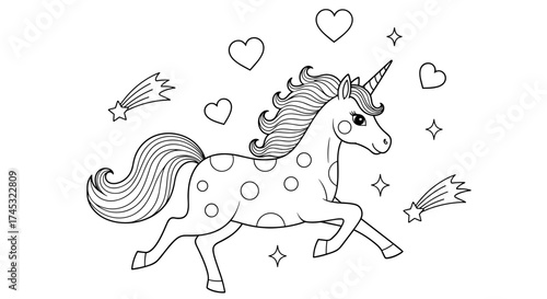 Whimsical unicorn with polka dots and stars for coloring adventures.