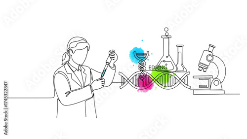 Continuous Line Art of Scientist Performing CRISPR Gene Editing on DNA, Minimalist Biotechnology Illustration