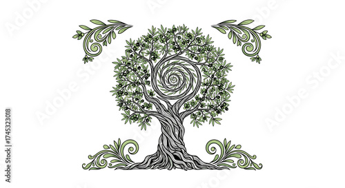 An artistic representation of an ancient tree with intricate roots and a spiral pattern within its canopy symbolizing life and natural growth.