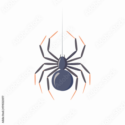 A stylized illustration of a spider hanging from a single thread.