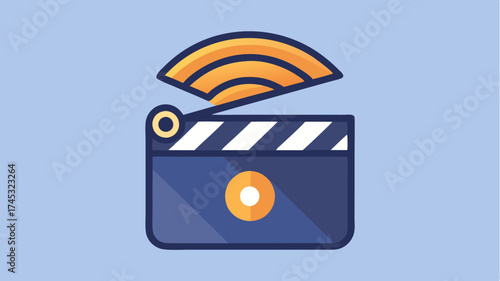 A clapperboard with a wifi symbol merging film production with digital broadcasting.