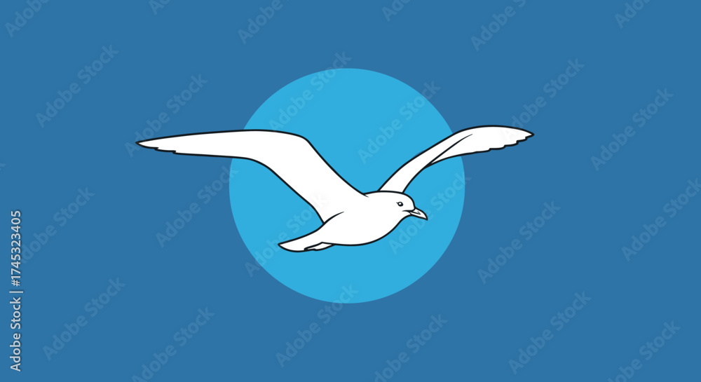 Fototapeta premium A simple white bird with outstretched wings soars gracefully across a vibrant blue background with a circular halo.