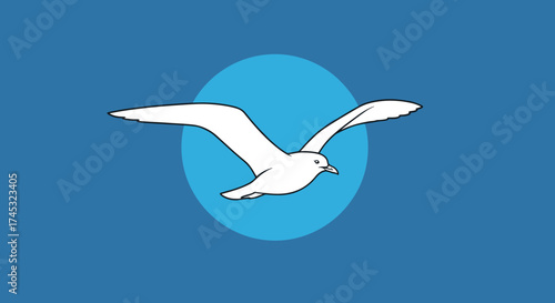 A simple white bird with outstretched wings soars gracefully across a vibrant blue background with a circular halo.