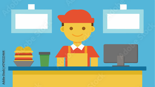 A cheerful cashier behind a counter filled with menu boards cash register and fast food items portraying a welcoming fast food restaurant environment.