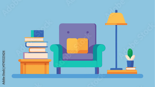 A comfortable reading nook transformed into a mini office featuring an oversized chair stacked books a small side table and a laptop perched on the armrest.