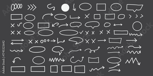 Hand Drawn White Chalkboard Arrows Circles Boxes Lines Icons Shapes and Speech Bubbles Directional Graphics Design