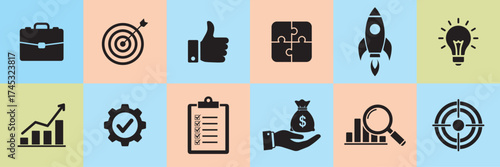 Set business and strategy icons. business and finance icons representing success and strategy, 
including a briefcase, target, thumbs up, puzzle, rocket, light bulb, chart, gear and clipboard