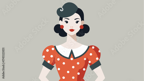 A fashion illustration of a vintageinspired outfit featuring polka dots and frills capturing the essence of retro fashion with a nostalgic color palette.