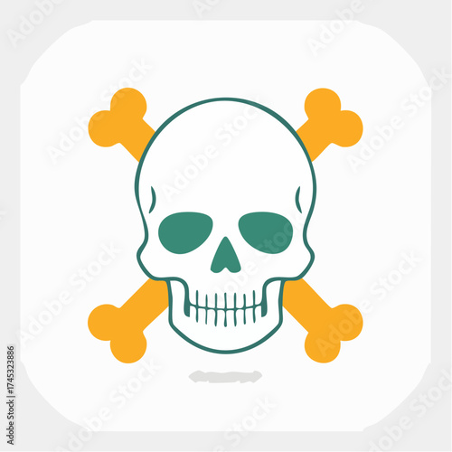 Skull and crossbones icon with green eye sockets and outline, set against a white background.