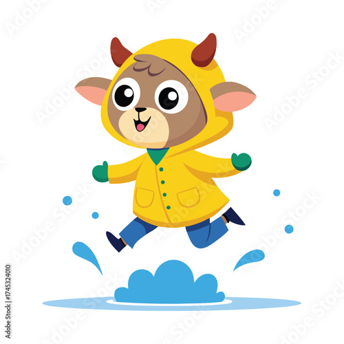 Cute cartoon goat wearing a yellow raincoat joyfully jumping in puddles on a white background