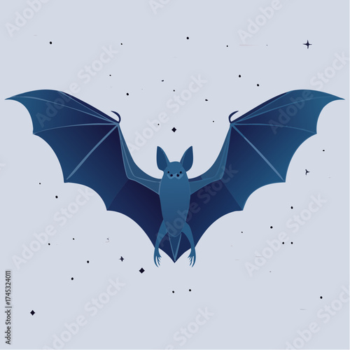 A blue bat with outstretched wings against a light background with scattered stars.
