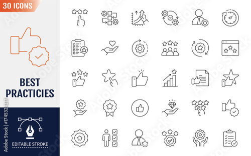Best Practices line Editable Icons set. Containing icons. policy, workflow, guidelines, and more. Vector illustration