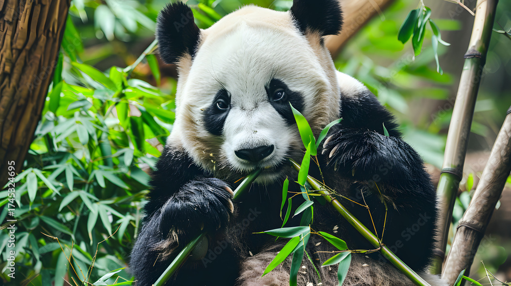 Obraz premium Giant Pandas Feeding in Bamboo Forest: Black-and-White Bears Chewing Fresh Bamboo Shoots, Tender Leaves & Stalks—Lazy, Cute Foraging Behavior in Dense Bamboo Groves of Sichuan/Wolong National Nature R
