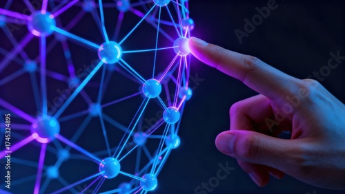 Generative AI Concept. Transforming Content Creation Through Advanced Machine Learning Techniques. Digital hand interacting with a network of glowing nodes and connections.