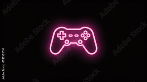 A glowing pink neon video game controller icon on a black background, symbolizing gaming and entertainment