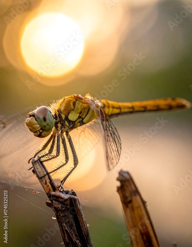 Close-up of a dragonfly perched on a twig at sunrise.  Golden light illuminates the insect, highlighting its delicate wings and body.  Soft, out-of-focus background emphasizes the sun's glow