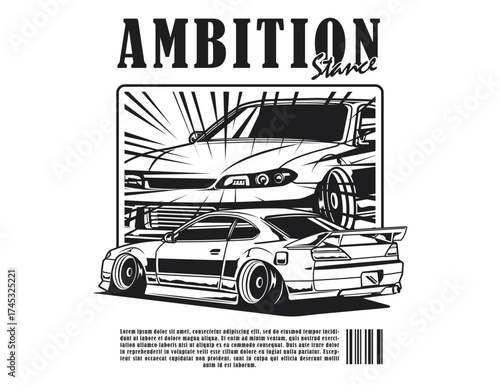 black and white 90s automotive graphic for car stance illustration vector