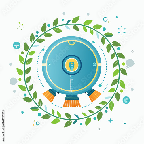 A blue robot vacuum cleaner is centered within a wreath of green leaves and decorative elements.