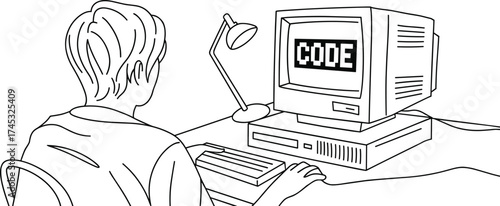 Retro computer programmer coding on vintage desktop PC, nostalgic technology concept illustration, old computer setup with coder and code screen