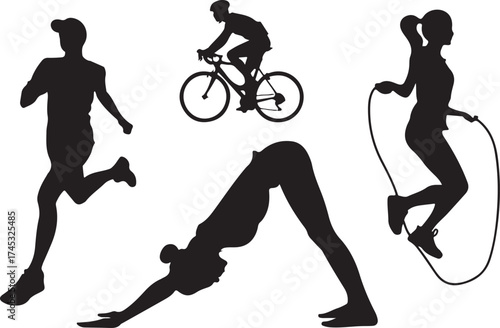 Silhouettes of people running cycling yoga and jumping rope